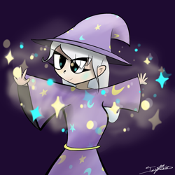 Size: 1300x1300 | Tagged: safe, artist:icywindthepony, character:trixie, species:human, clothing, eye clipping through hair, female, hat, humanized, magic, signature, simple background, solo, sparkles, trixie's hat, wizard, wizard hat