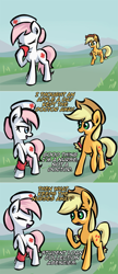 Size: 1037x2404 | Tagged: safe, artist:shovrike, character:applejack, character:nurse redheart, species:earth pony, species:pony, ask pun, anti-humor, apple, ask, comic, duo, female, food, heart, hoof hold, mare, reality ensues, walking