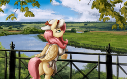 Size: 2600x1625 | Tagged: safe, artist:dukevonkessel, character:fluttershy, species:pegasus, species:pony, bipedal, butt, clothing, female, fence, flutterbutt, hat, mare, plot, profile, river, scenery, solo
