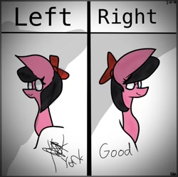Size: 828x825 | Tagged: safe, artist:kittycatrittycat, oc, oc only, oc:kittycatrittycat, species:pegasus, species:pony, bow, bust, good, left, oh god damn it no, portrait, right, right hand and left hand challenge, solo, yuck