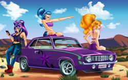 Size: 4044x2547 | Tagged: safe, artist:mandy1412, character:adagio dazzle, character:aria blaze, character:sonata dusk, species:human, my little pony:equestria girls, armpits, boots, bubblegum, car, cellphone, chevrolet camaro, clothing, food, gum, humanized, pants, phone, shoes, shorts, smartphone, the dazzlings, torn clothes, trio