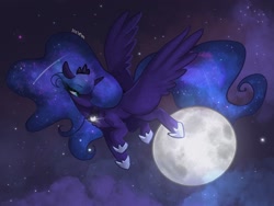 Size: 2048x1536 | Tagged: safe, artist:siripim111, character:princess luna, species:alicorn, species:pony, chest fluff, ethereal mane, female, flying, full moon, galaxy mane, leg fluff, mare, moon, night, shooting star, sky, solo, spread wings, starry night, stars, wings