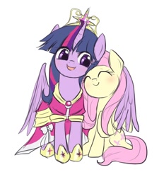 Size: 650x700 | Tagged: safe, artist:yubi, character:fluttershy, character:twilight sparkle, character:twilight sparkle (alicorn), species:alicorn, species:pegasus, species:pony, ship:twishy, big crown thingy, blushing, c:, clothing, coronation dress, cute, dress, element of magic, eyes closed, female, happy, head tilt, hug, jewelry, lesbian, mare, nuzzling, open mouth, princess shoes, raised hoof, regalia, shipping, shyabetes, simple background, sitting, smiling, spread wings, twiabetes, white background, winghug, wings