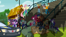 Size: 1366x768 | Tagged: safe, artist:electrahybrida, edit, edited screencap, screencap, character:applejack, character:flash sentry, character:fluttershy, character:microchips, character:pinkie pie, character:rainbow dash, character:rarity, character:ringo, character:sandalwood, character:sunset shimmer, character:twilight sparkle, character:twilight sparkle (scitwi), oc, oc:flashbee, species:eqg human, episode:cheer you on, g4, my little pony: equestria girls, my little pony:equestria girls, spoiler:eqg series (season 2), autobot, bleachers, blue sneakers, brawly beats, bumblebee, car, cheer you on: attack of the decepticons, clash of hasbro's titans, crossover, decepticon, flash sentry's car, humane five, humane seven, humane six, implied megatron, implied sequel, implied starscream, jvj-24601, megatron, not bumblebee, ponied up, ringo, sequel, shading, shadow, starscream, transformers