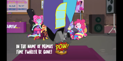 Size: 2034x1017 | Tagged: safe, artist:electrahybrida, edit, edited screencap, screencap, character:kiwi lollipop, character:pinkie pie, character:sunset shimmer, character:supernova zap, oc, oc:festivitus prime, equestria girls:sunset's backstage pass, g4, my little pony: equestria girls, my little pony:equestria girls, spoiler:eqg series (season 2), autobot, crossover, fist, hand, kiwi lollipop, platform, primus, punch, rv, servo, smashing, stare, story included, subwoofer, supernova zap, text, this will end in timeline distortion, this will not end well, time twirler, transformers, wat, window