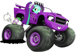 Size: 1553x1080 | Tagged: safe, artist:electrahybrida, character:aria blaze, character:lyra heartstrings, character:spike, blaze and the monster machines, crossover, flat tire, monster machine, monster truck, nailed it, pun, simple background, transparent background, truck, visual gag