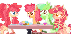 Size: 1280x609 | Tagged: safe, artist:journeewaters, base used, oc, oc only, oc:hopscotch, oc:key lime pie, oc:saltwater taffy, oc:top speed, parent:apple bloom, parent:scootaloo, parents:scootabloom, species:earth pony, species:pony, species:unicorn, donut, female, food, magical lesbian spawn, mare, offspring, simple background, transparent background