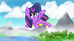 Size: 3840x2160 | Tagged: safe, artist:llamalauncher, character:twilight sparkle, character:twilight sparkle (alicorn), species:alicorn, species:pony, cloud, female, flying, lake, mountain, scenery, solo, tree
