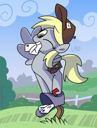 Size: 2262x3000 | Tagged: safe, artist:coaldustthestrange, character:derpy hooves, species:pegasus, species:pony, clothing, cute, derpabetes, derpy day, derpy day 2020, female, hat, high res, letter, looking at you, mail, mailbag, mailbox, mailmare, mailmare hat, mare, mouth hold, one eye closed, perching, scenery, smiling, solo, wink