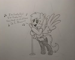 Size: 3464x2751 | Tagged: safe, artist:ponynamedmixtape, oc, oc only, oc:midnight gambit, species:pegasus, species:pony, fallout equestria, bipedal, clothing, female, garter belt, garters, happy, jewelry, microphone, necklace, singing, socks, solo, stockings, thigh highs, traditional art