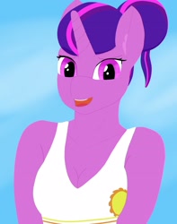 Size: 1825x2315 | Tagged: safe, artist:krumpcakes, character:twilight sparkle, species:anthro, species:plantigrade anthro, alternate hairstyle, bra, breasts, cleavage, clothing, sports bra
