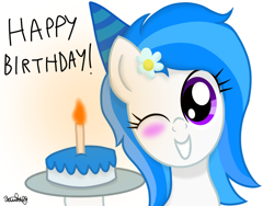 Size: 1024x768 | Tagged: safe, artist:xxxdavid09xxx, oc, oc only, oc:winter white, species:pegasus, species:pony, birthday, birthday cake, birthday gift, blushing, bust, cake, candle, female, fire, flower, flower in hair, food, mare, one eye closed, pegasus oc, plate, signature, simple background, solo, text, wink