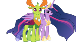 Size: 7807x4374 | Tagged: safe, artist:crystalmagic6, artist:dashiesparkle edit, edit, character:thorax, character:twilight sparkle, character:twilight sparkle (alicorn), species:alicorn, species:changeling, species:pony, species:reformed changeling, ship:twirax, episode:the last problem, g4, my little pony: friendship is magic, crown, ethereal mane, female, galaxy mane, jewelry, looking at you, male, older, older thorax, older twilight, princess twilight 2.0, regalia, shipping, simple background, straight, tiara, transparent background, vector, vector edit