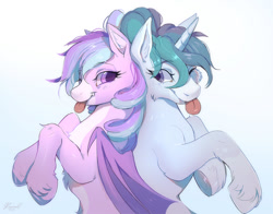 Size: 1100x864 | Tagged: safe, artist:renciel, oc, oc only, species:bat pony, species:pony, species:unicorn, bat pony oc, blep, cheek fluff, chest fluff, duo, pale belly, tongue out, unshorn fetlocks