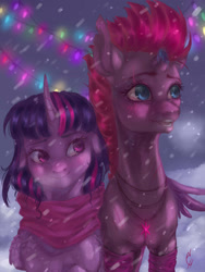 Size: 1200x1600 | Tagged: safe, artist:coconuthound, character:fizzlepop berrytwist, character:tempest shadow, character:twilight sparkle, ship:tempestlight, episode:hearth's warming eve, g4, my little pony: friendship is magic, blushing, broken horn, christmas, christmas lights, clothing, cute, eye scar, female, holiday, horn, hug, jewelry, lesbian, necklace, scar, scarf, shipping, signature, smiling, snow, twiabetes, winghug, winter