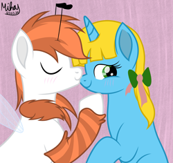Size: 3057x2881 | Tagged: safe, artist:mihaynoms, oc, oc only, oc:manubee, oc:sunshine denom, species:pony, bee pony, birthday, cute, kissing, movie accurate, nosekiss, original species, shipping, simple background
