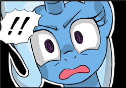 Size: 672x468 | Tagged: safe, artist:crimsonbugeye, character:trixie, species:pony, species:unicorn, black background, cropped, d:, exclamation point, horn, open mouth, simple background, swirly eyes, upset