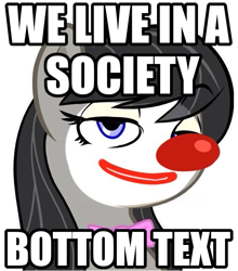 Size: 567x645 | Tagged: safe, artist:haetran, artist:reiduran, edit, editor:nintenyt, character:octavia melody, species:earth pony, species:pony, bottom text, bust, caption, clown, clown makeup, clown nose, edited edit, edited vector, female, image macro, joker (2019), makeup, mare, meme, portrait, reaction image, red nose, red nosed, simple background, smug, society, solo, text, the joker, vector, vector edit, we live in a society