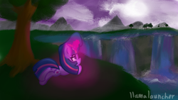 Size: 3840x2160 | Tagged: safe, artist:llamalauncher, character:twilight sparkle, species:pony, female, mountain, scenery, solo, tree, water, waterfall