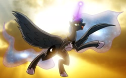 Size: 1920x1200 | Tagged: safe, artist:atomic-chinchilla, character:princess luna, species:alicorn, species:pony, g4, action pose, backlighting, female, flying, magic, mare, photoshop, solo, spread wings, wings