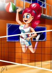 Size: 850x1200 | Tagged: safe, artist:asajiopie01, character:pinkie pie, species:human, ball, breasts, busty pinkie pie, female, humanized, solo, sports, volleyball