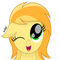 Size: 925x950 | Tagged: safe, artist:xxxdavid09xxx, oc, oc only, oc:spindrop, species:pegasus, species:pony, cute, female, floppy ears, happy, looking at you, looking up, mare, ocbetes, one eye closed, open mouth, pegasus oc, signature, simple background, solo, transparent background, wink