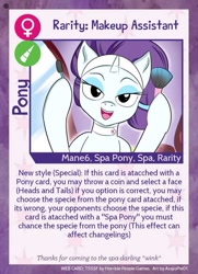 Size: 640x884 | Tagged: safe, artist:asajiopie01, character:rarity, species:pony, species:unicorn, makeup, spa pony, spa pony rarity, trading card, twilight sparkle's secret shipfic folder