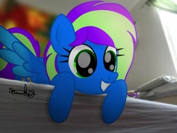 Size: 1024x769 | Tagged: safe, artist:xxxdavid09xxx, oc, oc only, oc:blazey, oc:novastar blaze, species:pegasus, species:pony, bed, blurred background, curtains, cute, female, happy, irl, mare, ocbetes, pegasus oc, photo, pillow, ponies in real life, real life background, signature, smiling, solo, spread wings, window, wings