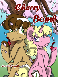 Size: 1500x2000 | Tagged: safe, artist:rosexknight, oc, oc:short fry, oc:whip up, species:earth pony, species:pony, species:unicorn, comic:cherry bomb, cherry, cherry blossoms, comic cover, female, flower, flower blossom, food, lidded eyes, male, tree, whort