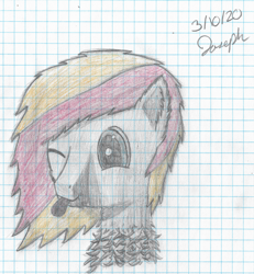 Size: 3457x3736 | Tagged: safe, artist:mlplayer dudez, oc, oc only, oc:solder point, species:earth pony, species:pony, bust, chest fluff, cute, ear fluff, graph paper, male, one eye closed, shading, signature, solo, stallion, tongue out, traditional art, wink