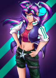 Size: 1442x2000 | Tagged: safe, artist:mandy1412, character:aria blaze, species:human, equestria girls:rainbow rocks, g4, my little pony: equestria girls, my little pony:equestria girls, belly button, clothing, eye clipping through hair, female, hand on hip, human coloration, humanized, jacket, looking at you, solo