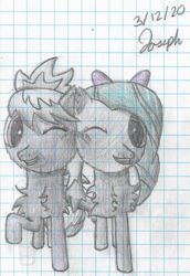 Size: 1000x1450 | Tagged: safe, artist:mlplayer dudez, character:cloudchaser, character:flitter, species:pegasus, species:pony, cheek fluff, chest fluff, cute, duo, ear fluff, female, graph paper, looking at you, one eye closed, siblings, signature, sisters, smiling, traditional art