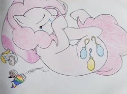 Size: 3416x2533 | Tagged: safe, artist:andrew.a., character:derpy hooves, character:pinkie pie, species:earth pony, species:pony, crying, cupcake, eating, food, rainbow cupcake, stealing, traditional art