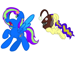 Size: 1024x768 | Tagged: safe, artist:swivel starsong, artist:xxxdavid09xxx, part of a set, oc, oc only, oc:artsy scribble, oc:blazey, oc:novastar blaze, species:pegasus, species:pony, angler fish, collaboration, female, filly, fish, flower, flower in hair, flying, foal, looking back, mare, mask, part of a series, pegasus oc, running, scared, shocked, shocked expression, shocked face, simple background, spread wings, the angler fish prank, wings