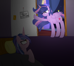 Size: 1024x912 | Tagged: safe, artist:xhalesx, character:twilight sparkle, character:twilight sparkle (alicorn), oc, oc:magical aura, parent:flash sentry, parent:twilight sparkle, parents:flashlight, species:alicorn, species:pony, angry, bags under eyes, bed, bed mane, ethereal mane, female, galaxy mane, horn, horn ring, next generation, offspring, story included, ultimate twilight