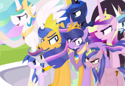 Size: 3358x2315 | Tagged: safe, artist:xhalesx, character:flash sentry, character:princess cadance, character:princess celestia, character:princess luna, character:shining armor, character:twilight sparkle, character:twilight sparkle (alicorn), oc, oc:bright glare, oc:galactic spark, oc:magical aura, parent:flash sentry, parent:twilight sparkle, parents:flashlight, species:alicorn, species:pegasus, species:pony, alicorn oc, bored, ethereal mane, new crown, next generation, offspring, story included, ultimate twilight
