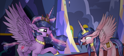 Size: 2026x920 | Tagged: safe, artist:xhalesx, character:twilight sparkle, character:twilight sparkle (alicorn), oc, oc:magical aura, parent:flash sentry, parent:twilight sparkle, parents:flashlight, species:alicorn, species:pony, alicorn oc, angry, crying, ethereal mane, new crown, next generation, offspring, ultimate twilight, yelling