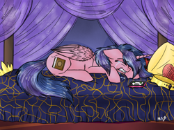 Size: 2048x1536 | Tagged: safe, artist:xhalesx, oc, oc only, oc:magical aura, parent:flash sentry, parent:twilight sparkle, parents:flashlight, species:alicorn, species:pony, alicorn oc, bed, crying, female, mare, next generation, offspring, solo, story included
