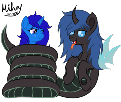 Size: 4993x4209 | Tagged: safe, artist:mihaynoms, oc, oc only, oc:buzzie, oc:delly, species:changeling, species:lamia, species:pony, species:unicorn, blushing, changeling lamia, coiling, coils, one eye closed, original species, signature, simple background, smiling, this will end in vore, tongue out, transparent background