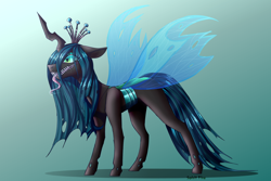 Size: 2700x1800 | Tagged: safe, artist:spirit-fire360, character:queen chrysalis, species:changeling, changeling queen, fangs, female, green background, simple background