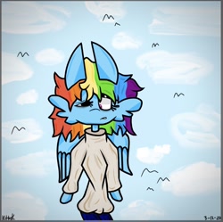 Size: 828x825 | Tagged: safe, artist:kittycatrittycat, character:rainbow dash, species:bird, species:pegasus, species:pony, series:colors of life, clothing, fluffy, head fluff, irl, jeans, pants, photo, semi-anthro, short hair, solo, sweatshirt, tired