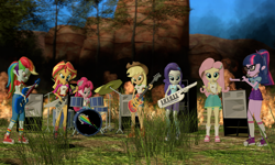 Size: 5120x3072 | Tagged: safe, artist:n3onh100, character:applejack, character:fluttershy, character:pinkie pie, character:rainbow dash, character:rarity, character:sunset shimmer, character:twilight sparkle, character:twilight sparkle (scitwi), species:eqg human, my little pony:equestria girls, 3d, a day to remember, bass guitar, camp everfree outfits, drums, fire, gmod, guitar, humane five, humane seven, humane six, keytar, microphone, musical instrument, speakers, tambourine, the rainbooms, tree