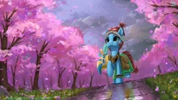 Size: 2560x1440 | Tagged: safe, artist:tinybenz, character:meadowbrook, species:earth pony, species:pony, g4, bag, cherry blossoms, cloud, cute, female, flower, flower blossom, healer's mask, mare, mask, saddle bag, scenery, sky, solo, tree