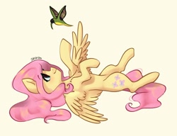 Size: 1996x1536 | Tagged: safe, artist:siripim111, character:fluttershy, species:bird, species:pegasus, species:pony, chest fluff, cute, female, leg fluff, mare, on back, profile, shyabetes, simple background, solo, spread wings, wings, yellow background