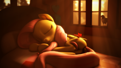 Size: 3840x2160 | Tagged: safe, artist:psfmer, character:fluttershy, species:bird, species:pegasus, species:pony, 3d, 4k, bed, butt, butterfly, curled up, dock, eyes closed, female, fluttershy's bedroom, fluttershy's cottage, mare, on side, pigeon, plot, sleeping, solo, source filmmaker, sunrise, tongue out, tree, wallpaper, window