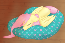 Size: 1054x704 | Tagged: safe, artist:imaplatypus, character:fluttershy, species:pegasus, species:pony, beanbag chair, cute, eyes closed, female, floppy ears, indoors, mare, prone, shyabetes, sleeping, solo, stray strand, three quarter view, wings