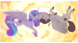 Size: 1024x575 | Tagged: safe, artist:faitheverlasting, character:pound cake, character:princess flurry heart, ship:poundflurry, female, flying, kissing, male, shipping, straight