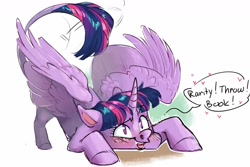 Size: 1280x854 | Tagged: safe, artist:maxiima, character:rarity, character:twilight sparkle, character:twilight sparkle (alicorn), species:alicorn, species:pony, ship:rarilight, behaving like a dog, blushing, book, bookhorse, crouching, dialogue, fangs, female, heart, leonine tail, lesbian, majestic as fuck, offscreen character, shipping, silly, silly pony, simple background, solo, story included, tail wag, that pony sure does love books, werewolf, white background