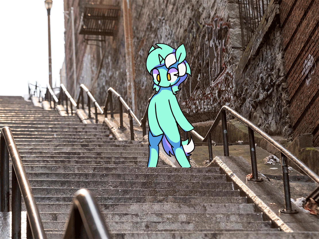 Size: 1111x834 | Tagged: safe, artist:shovrike, edit, character:lyra heartstrings, species:pony, species:unicorn, animated, dancing, flossing (dance), frame by frame, irl, joker (2019), joker stairs, photo, ponies in real life, solo, stairs, the joker