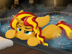 Size: 2048x1536 | Tagged: safe, artist:qzygugu, character:sunset shimmer, species:pony, species:unicorn, my little pony:equestria girls, female, floppy ears, hot springs, lidded eyes, mare, not fiery shimmer, relaxed, towel